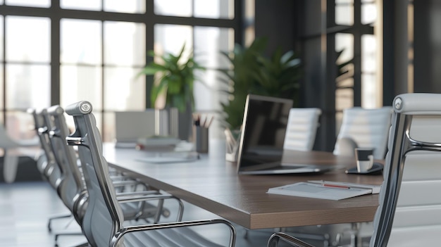 Interno di una moderna sala riunioni di un ufficio contenente un tavolo e sedie, un portatile e forniture per ufficio dopo una riunione