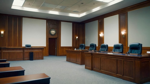 Interno di una sala conferenze nella sala d'udienza per il processo e la condanna