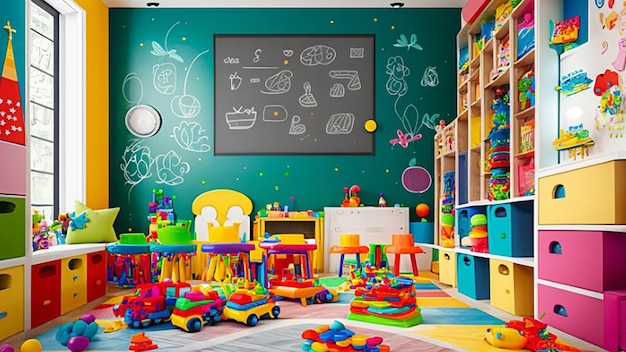 Interno di una sala giochi in un asilo nido con armadi pieni di vari giocattoli e mobili colorati