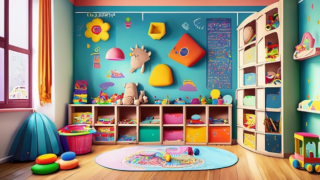 Interno di una sala giochi in un asilo nido con armadi pieni di vari giocattoli e mobili colorati
