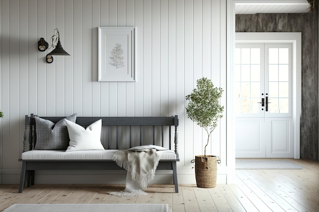 Interno di una sala in una casa colonica scandinava mockup del muro