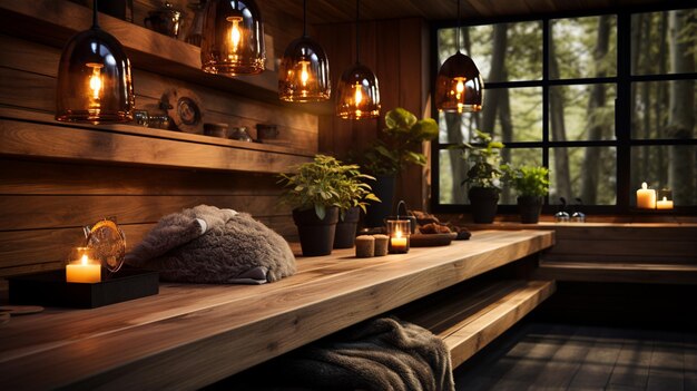 interno di una sauna con una panchina di legno una candela ardente e una candela bruciata su una panchine di legno in una casa di campagna di campagna il