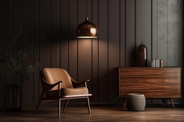 Interno di una sedia e lampada in un soggiorno mock up di una parete marrone scuro sullo sfondo