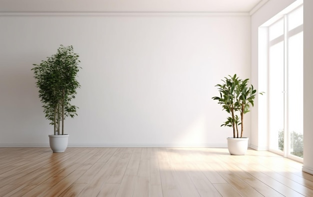 Interno di una stanza bianca vuota con un vaso di piante su un pavimento di legno