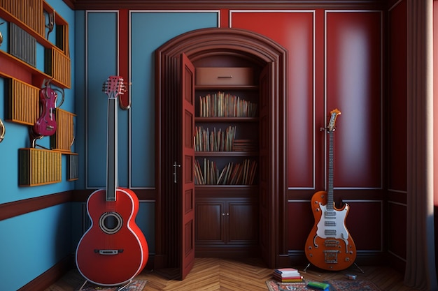 Interno di una stanza con chitarra e libri IA generativa