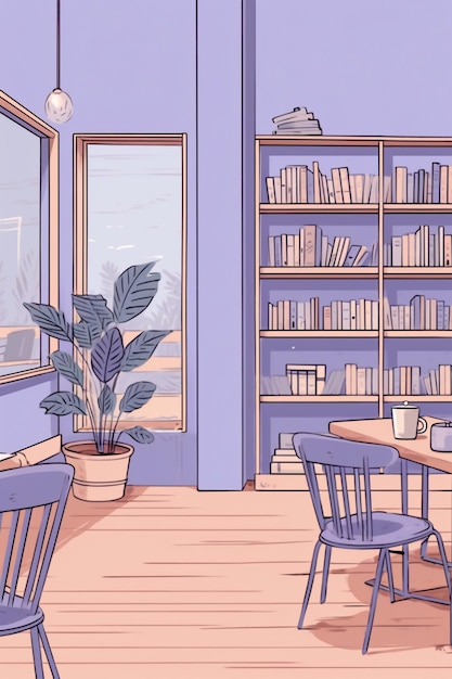 Interno di una stanza con scaffali per libri e una pianta.