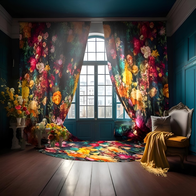 Interno di una stanza con una grande finestra una sedia e un tappeto di fiori
