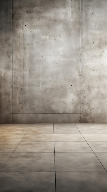 Interno di una stanza in cemento grunge con pavimento in piastrelle