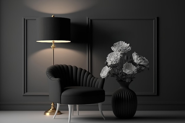 Interno di una stanza nera con una sedia, una lampada e decorazioni mock up per un'illustrazione