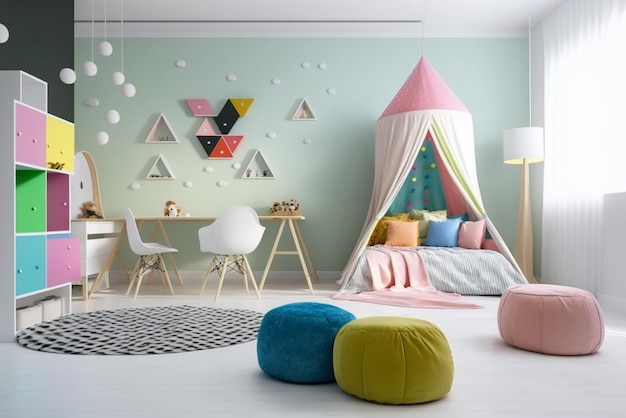 Interno di una stanza per bambini moderna con mobili eleganti e giocattoli Camera da gioco per bambini Camera da letto per bambini Ch
