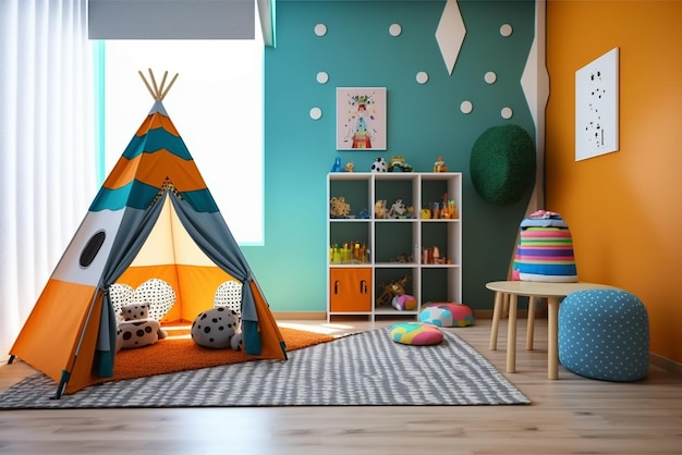 Interno di una stanza per bambini moderna con mobili eleganti e giocattoli Camera da gioco per bambini Camera da letto per bambini Ch