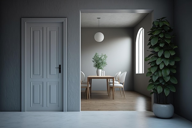 Interno di una stanza vuota con una parete in stucco grigio e bianco, una pianta e una porta aperta alla sala da pranzo