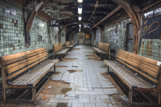 Interno di una stazione della metropolitana abbandonata con panchine in legno d'epoca e pareti di piastrelle che portano a vuoto