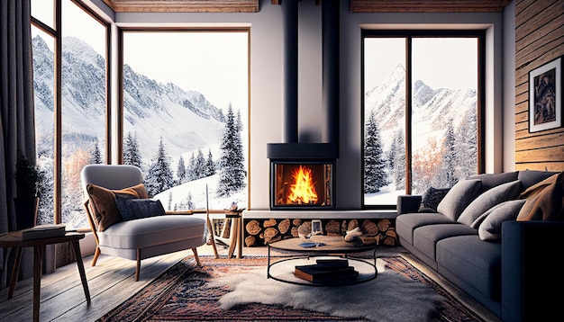 Interno di uno chalet di montagna soggiorno con camino in inverno vista paesaggio innevato dalle finestre IA generativa