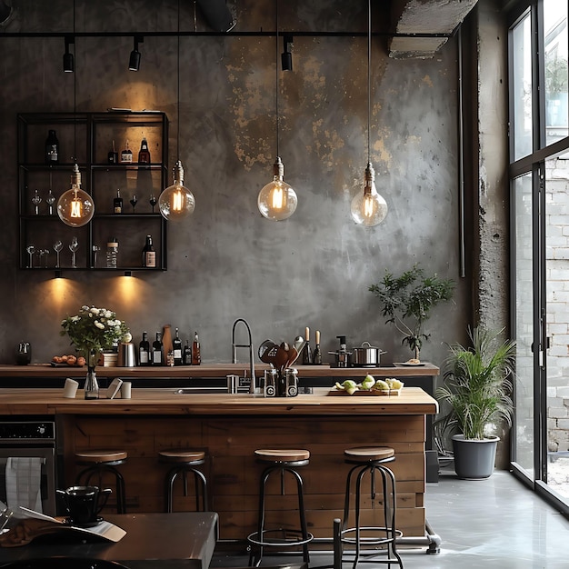 Interno di Urban Industrial Interior Design con tubi esposti e idee di concetto di arte decorativa grezza