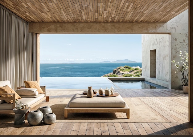 Interno di villa moderna con piscina e vista sul mare