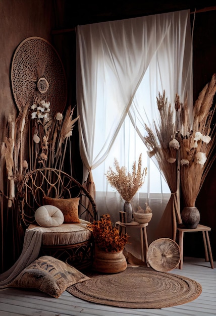 Interno domestico con bella decorazione etnica boho