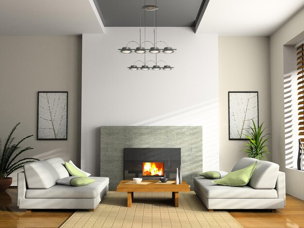 Interno domestico con camino e divani Rendering 3D