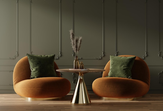 Interno domestico moderno verde scuro con divano e tavolo marroni, rendering 3d