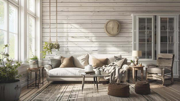 Interno elegante del soggiorno con tavolo in legno e accessori eleganti Generative Ai