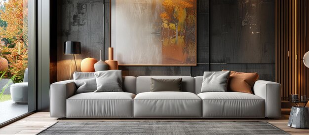 Interno elegante del soggiorno con un divano alla moda con cuscini foto reale