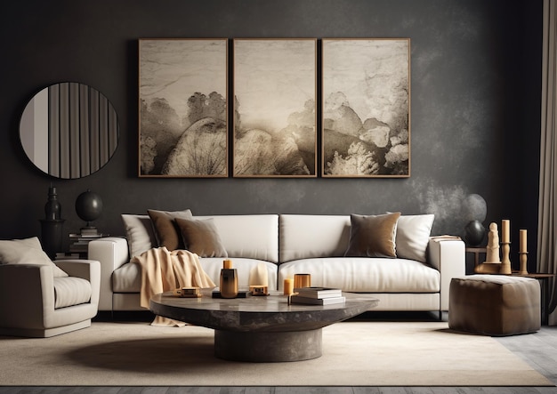 Interno elegante del soggiorno di un appartamento moderno e piante di mobili alla moda e accessori eleganti