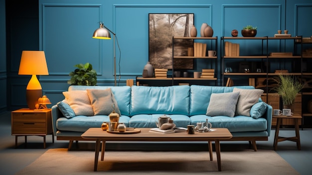 Interno elegante del soggiorno in un colore blu alla moda