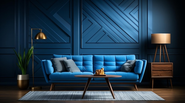 Interno elegante del soggiorno in un colore blu alla moda