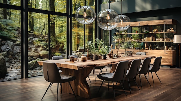 Interno elegante e botanico della sala da pranzo con design artigianale sedie da tavolo in legno un sacco di piante