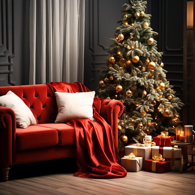 interno festivo con molti regali su comodo divano e decorato natale generato da AI