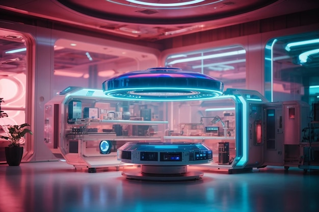 Interno futuristico della sala di ricerca scifi con rendering 3d della macchina per ologrammi