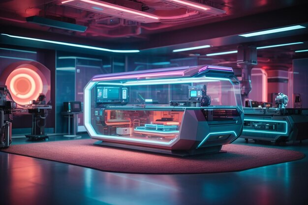 Interno futuristico della sala di ricerca scifi con rendering 3d della macchina per ologrammi
