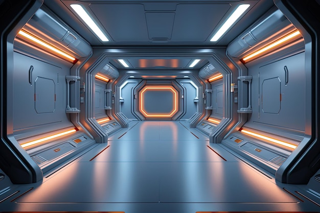 Interno futuristico di navicella spaziale con luci luminose 3D Rendering Illustrazione 3D di un corridoio vuoto illuminato di nave spaziale AI Generato