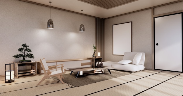 Interno giapponese moderno del salone, divano e tavolo dell'armadio sul fondo bianco della parete della stanza. Rendering 3D