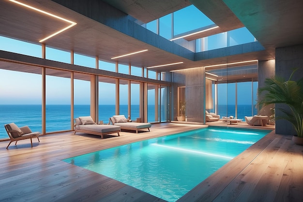 Interno in legno e vetro di cemento architettonico astratto di una moderna villa sul mare con piscina e illuminazione al neon