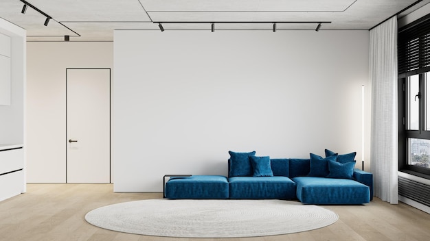 Interno in stile minimalismo bianco con divano blu