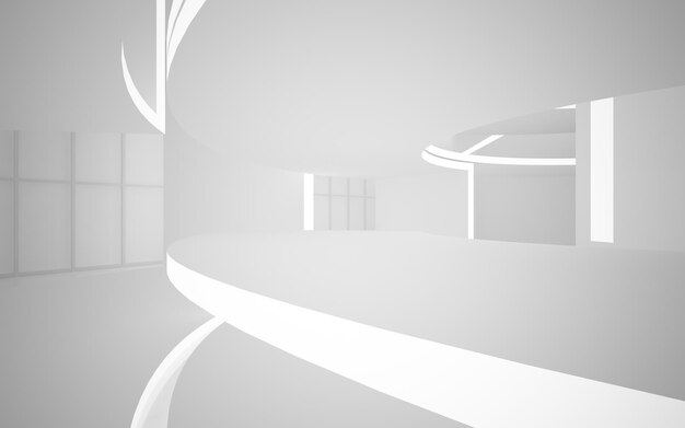 Interno liscio bianco architettonico astratto di una casa minimalista con grandi finestre 3D