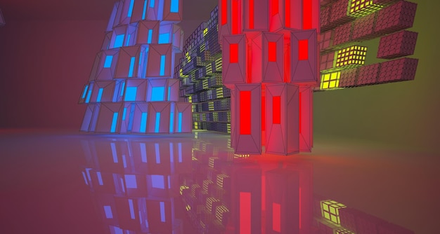 Interno liscio in calcestruzzo architettonico astratto di una casa minimalista con neon sfumato di colore