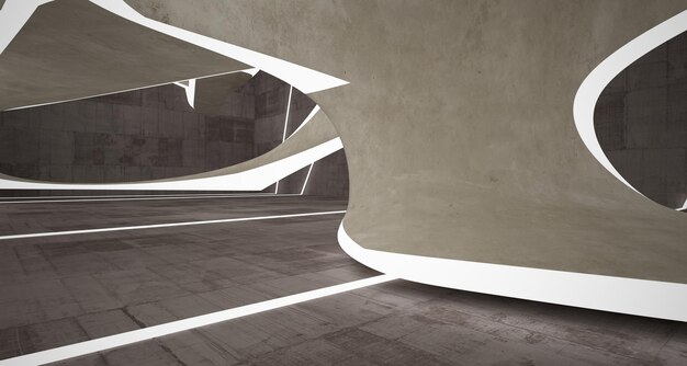 Interno liscio in cemento architettonico astratto di una casa minimalista con illuminazione al neon 3D
