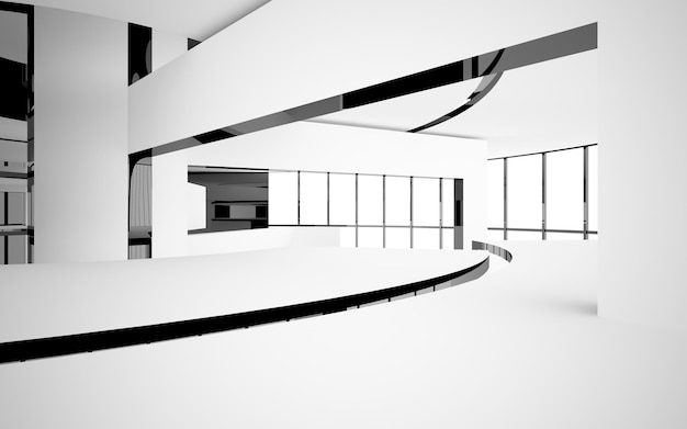 Interno lucido bianco e nero architettonico liscio astratto di una casa minimalista con grande finestra