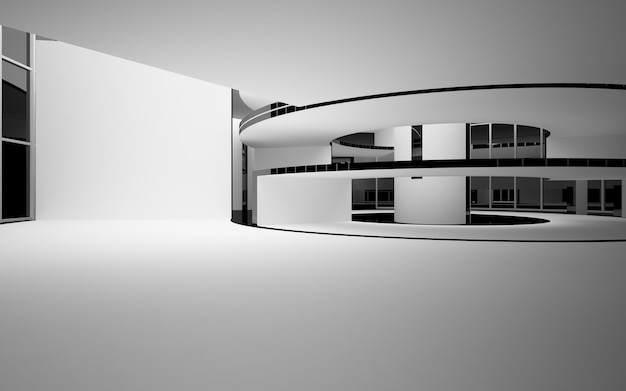 Interno lucido bianco e nero architettonico liscio astratto di una casa minimalista con grande finestra