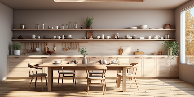 Interno luminoso della cucina con sala da pranzo e spazio di cottura vicino alla finestra Mockup frame