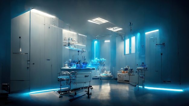 Interno medico scientifico astratto sfondo sfocato Luce blu Concetto di ricerca medica Rendering ai