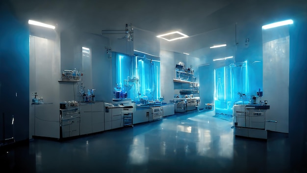 Interno medico scientifico astratto sfondo sfocato Luce blu Concetto di ricerca medica Rendering ai