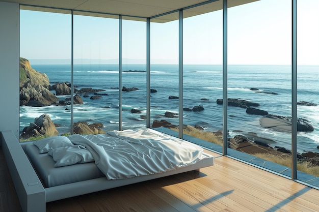 Interno minimale della camera da letto con vista sul mare