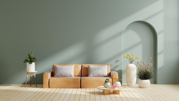 Interno minimalista con divano in pelle su uno sfondo vuoto a parete di colore verde scuro