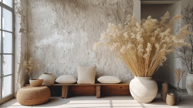 Interno minimalista con grande erba di pampa in un vaso testurato