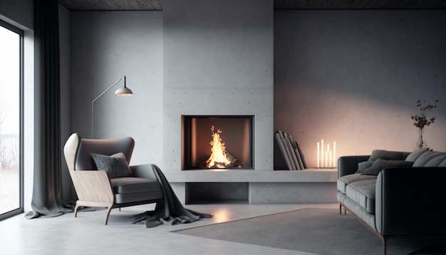 Interno minimalista del soggiorno con poltrona moderna con caminetto e pareti in cemento grigio Mockup interno AI generativa
