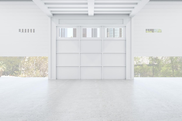 Interno minimalista della galleria bianca con grande porta e vista sulla città