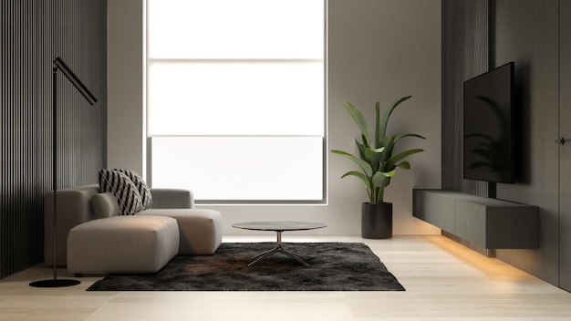 Interno minimalista nero del rendering 3 D del soggiorno moderno
